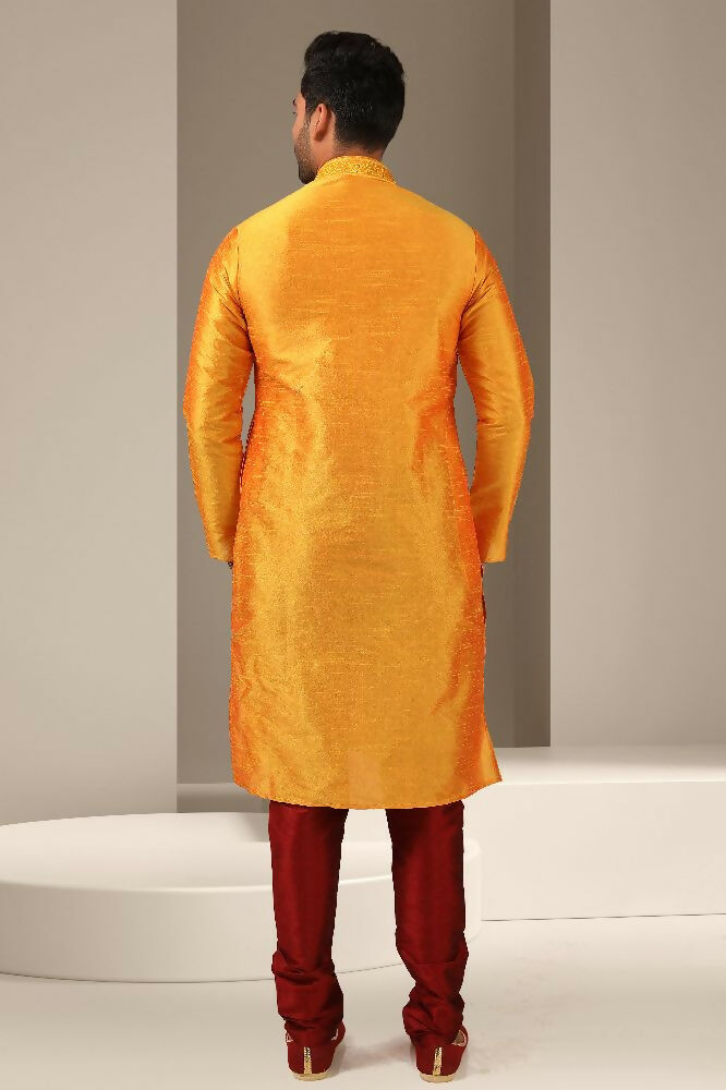 Raivat Ethnic Banarasi Art Silk Mirror Work Kurta Pajama In Mustard Colour