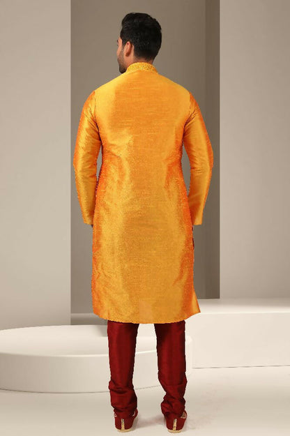 Raivat Ethnic Banarasi Art Silk Mirror Work Kurta Pajama In Mustard Colour