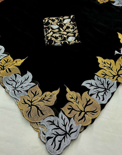 Vastranavya Satin Chiffon Silk Beautiful Designer Zari Thread Embroidery work of Leaf Design with Cutwork Border Saree with Blouse Material - Black