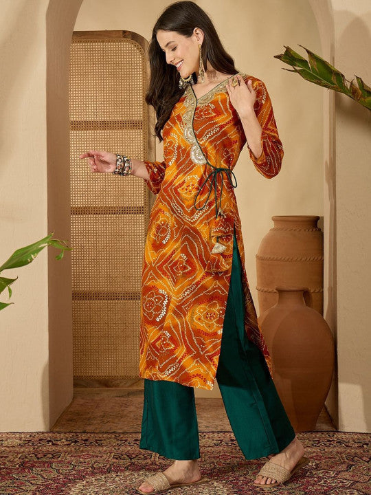Sangria Women Bandhani Printed With Embroidered Angrakha Knot Straight Kurta