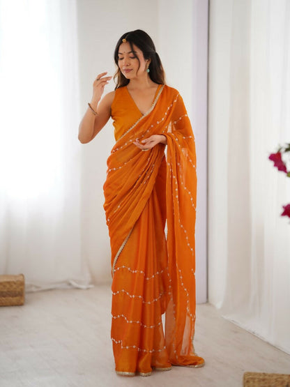 Yellow Sitara Chiffon Designer Beads Moti,Val Sequence Work Saree - Noorie