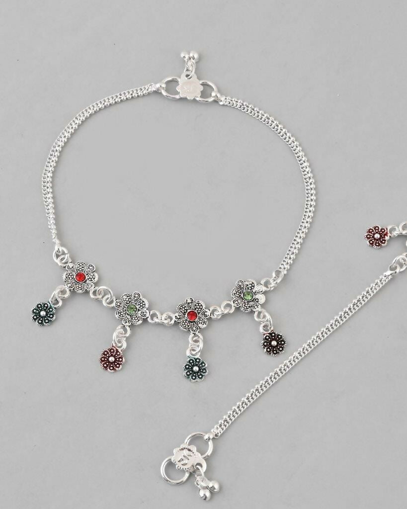 VOJ Set of 2 Silver Plated Meenakari Multi Color Anklet