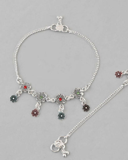 VOJ Set of 2 Silver Plated Meenakari Multi Color Anklet