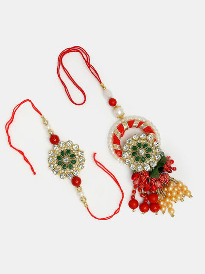 NVR Women & Men Set of 2 Red & Gold Toned Stone-Studded & Beaded Bhaiya Bhabhi Rakhi With Roli Chawal & Chocolate