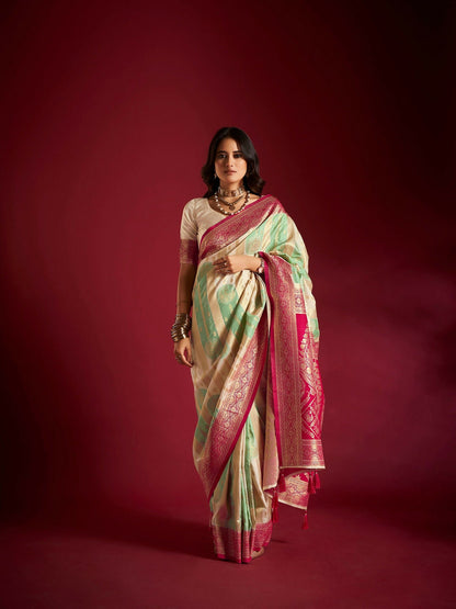Joban Fashion Cream & Sea Green Plain With Weaving Border Banarasi Silk Sarees