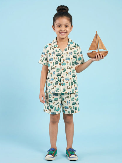 Breathables Woven Cotton Half Sleeves Beach Inspired Shirt & Shorts White