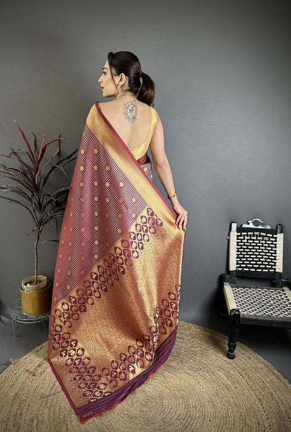 Elora Wine Banarasi Soft Silk Checked Body With Floral Motifs South Pattu Saree