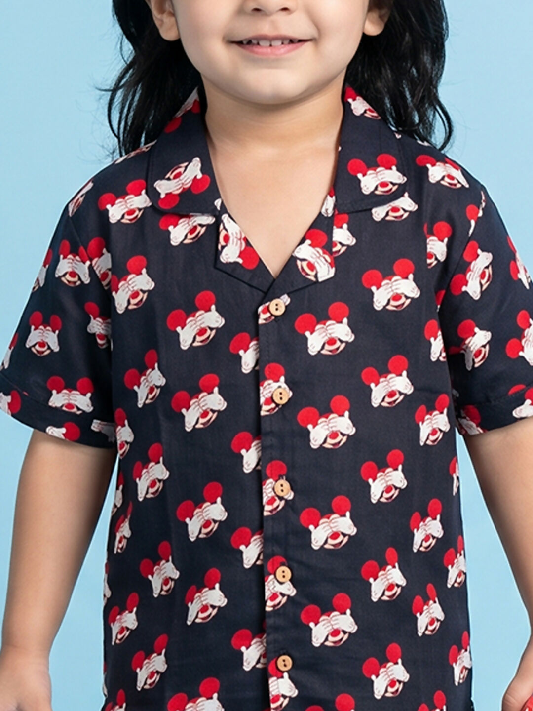 Breathables Woven Cotton Half Sleeves Mickey Mouse Shirt & Shorts Black
