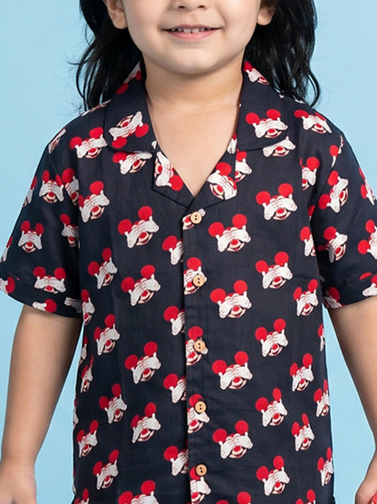 Breathables Woven Cotton Half Sleeves Mickey Mouse Shirt & Shorts Black