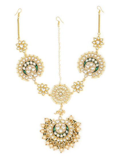 Gold-Polished White Kundan-Studded Pearl Beaded Matha Patti - Ruby Raang