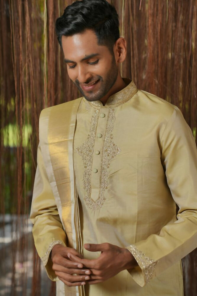 Olive Kanjivaram Machien Embroidered Pattu Set by Hilo Design