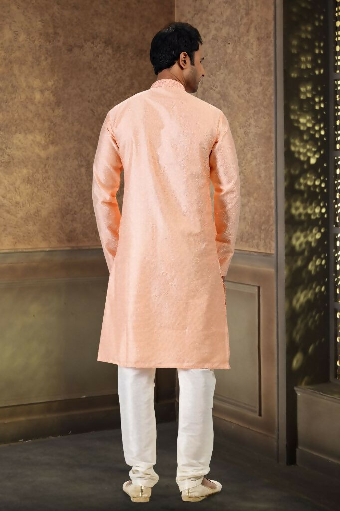 Raivat Ethnic Jacquard Banarasi Silk Thread Work Kurta Pajama In Peach Colour