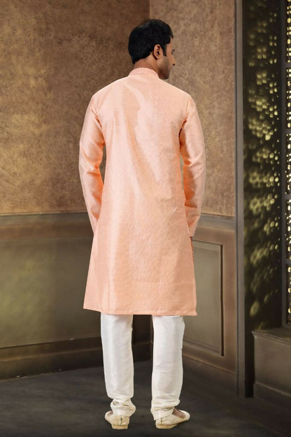 Raivat Ethnic Jacquard Banarasi Silk Thread Work Kurta Pajama In Peach Colour