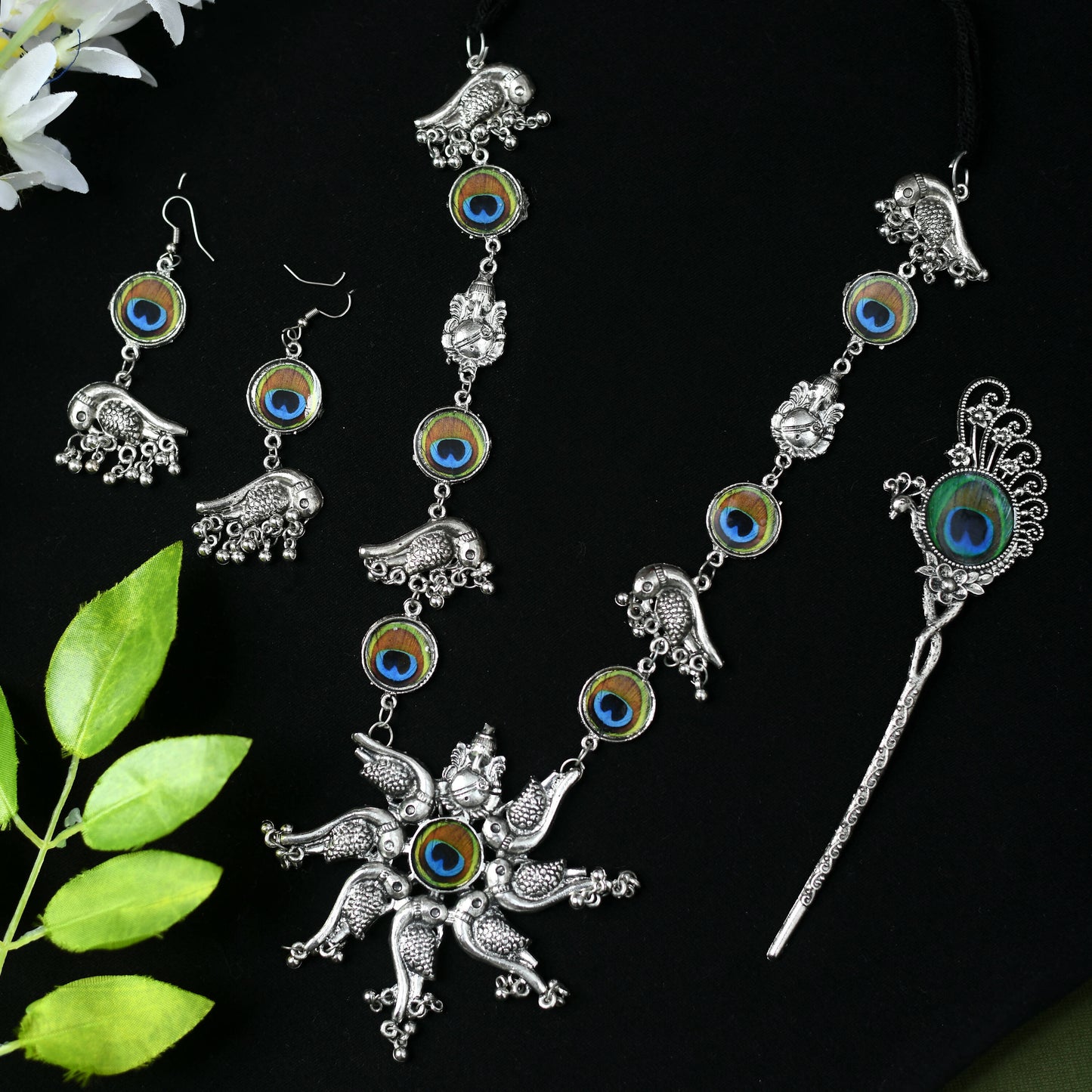 Mominos Fashion Johar Kamal Oxidised Silver-Plated Brass Finish Peacock Design Long Necklace Set For Women
