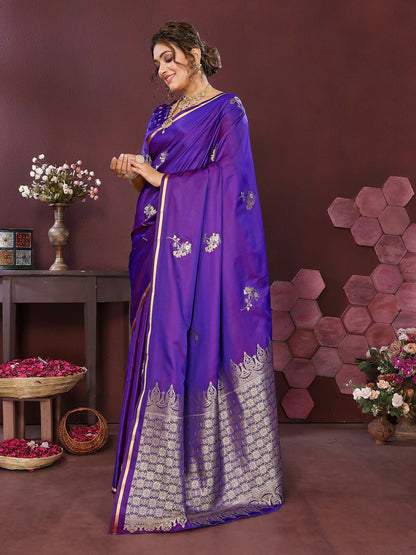 Joban Fashion Rich Purple Floral Banarasi Silk Sarees
