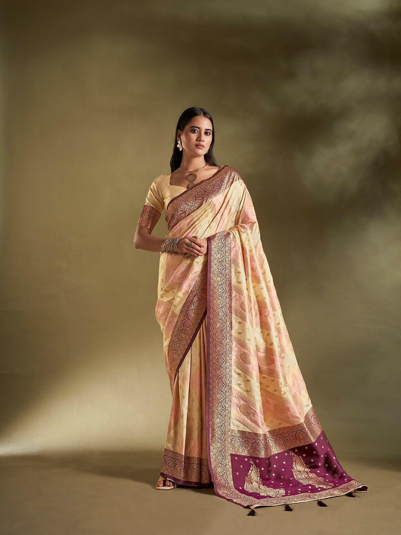 Joban Fashion Cream & Light Pink Plain With Weaving Border Banarasi Silk Sarees