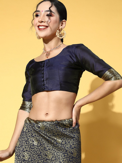 Saree Mall Navy Blue & Gold-Toned Ethnic Motifs Zari Silk Blend Banarasi Sarees