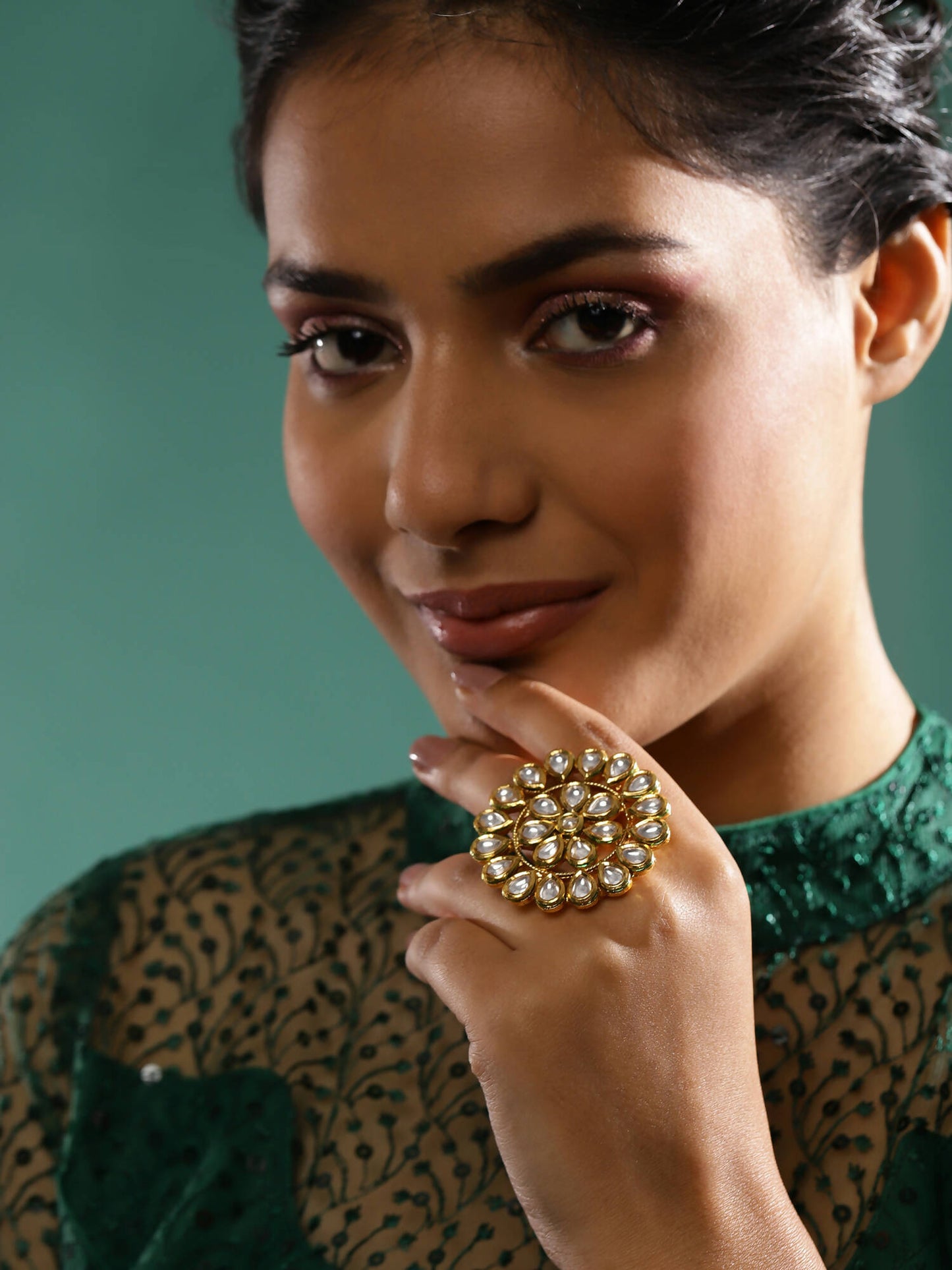 Gold-Polished White Kundan-Studded Adjustable Finger Ring - Ruby Raang