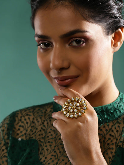 Gold-Polished White Kundan-Studded Adjustable Finger Ring - Ruby Raang
