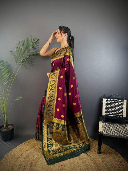 Elora Burgundy Soft Silk Butti Zari Weaving Constrast Pallu Banarasi Saree