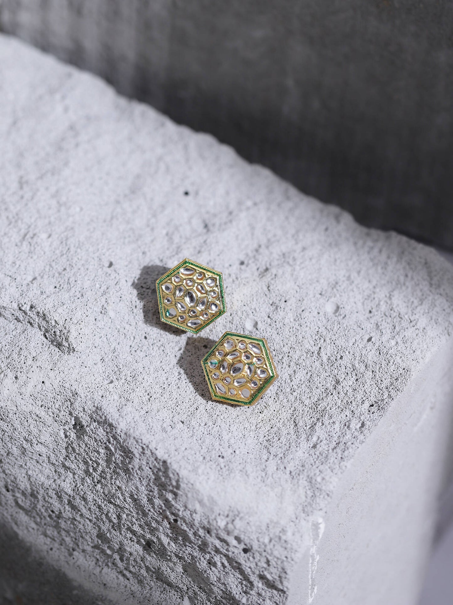 Gold-Toned White Kundan Contemporary Gold-Polished Studs Earrings - Ruby Raang