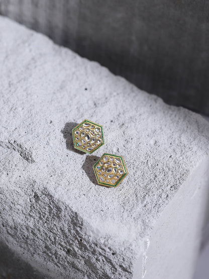 Gold-Toned White Kundan Contemporary Gold-Polished Studs Earrings - Ruby Raang