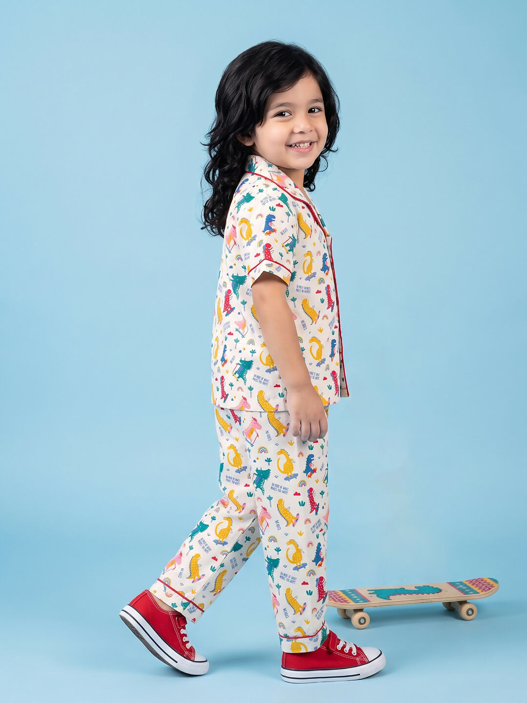 Breathables Woven Cotton Half Sleeves Dino Shirt & Pyjama White