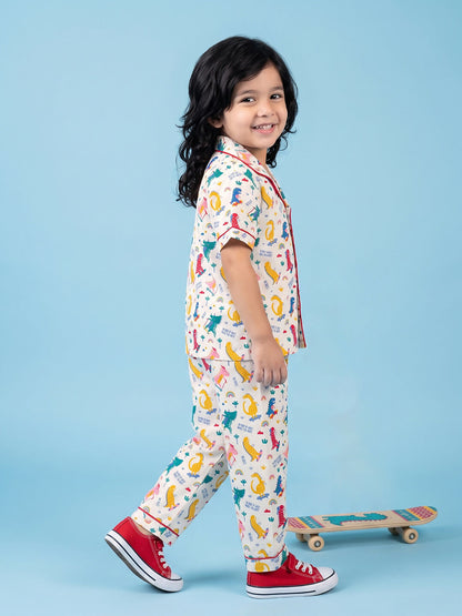 Breathables Woven Cotton Half Sleeves Dino Shirt & Pyjama White