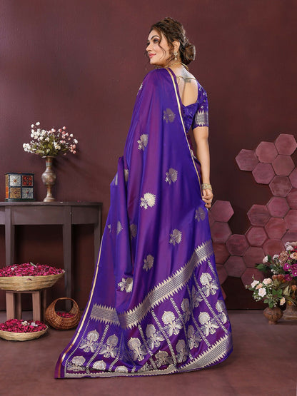 Joban Fashion Purple Floral Motifs Banarasi Silk Sarees
