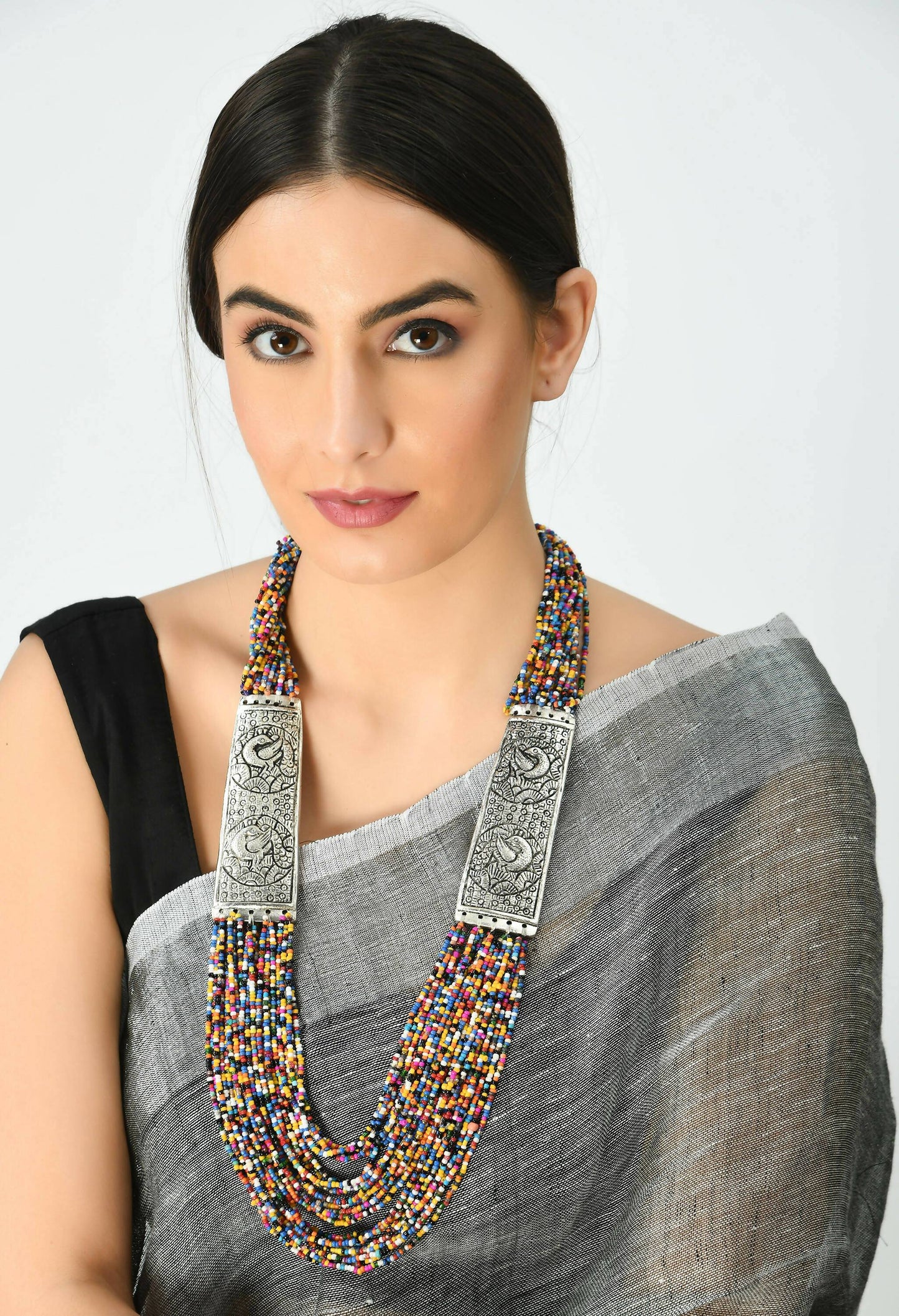 Mominos Fashion Johar Kamal Oxidised Multi Beads Long Statement Necklace For Women