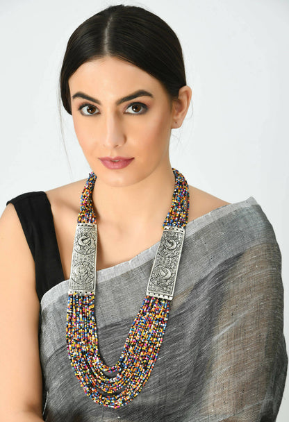 Mominos Fashion Johar Kamal Oxidised Multi Beads Long Statement Necklace For Women