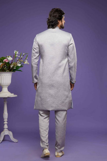 Raivat Ethnic Art Banarasi Silk Thread Work Kurta Pajama In Grey Colour