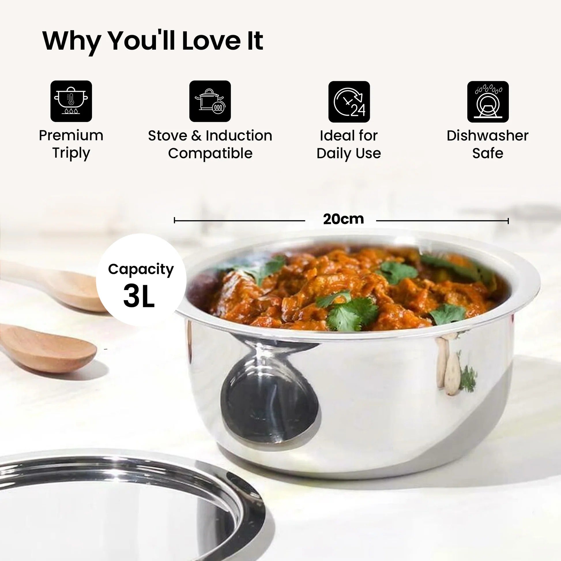 SAVYA HOME Triply Stainless Steel Tope Patila with Lid 3L 20cm Handi Casserole Gas Induction