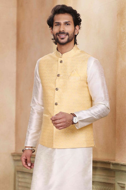 Raivat Ethnic Jacquard Banarasi Silk Woven Work 3 Pics Jacket Set In Yellow Colour