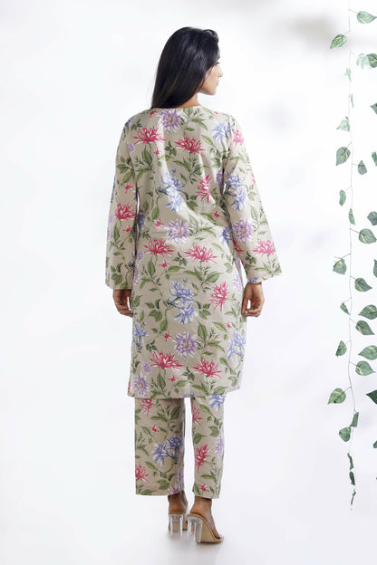 Breathables Women’S Loungewear Long Kurta Co-Ord Set Cotton Cream Floral Print