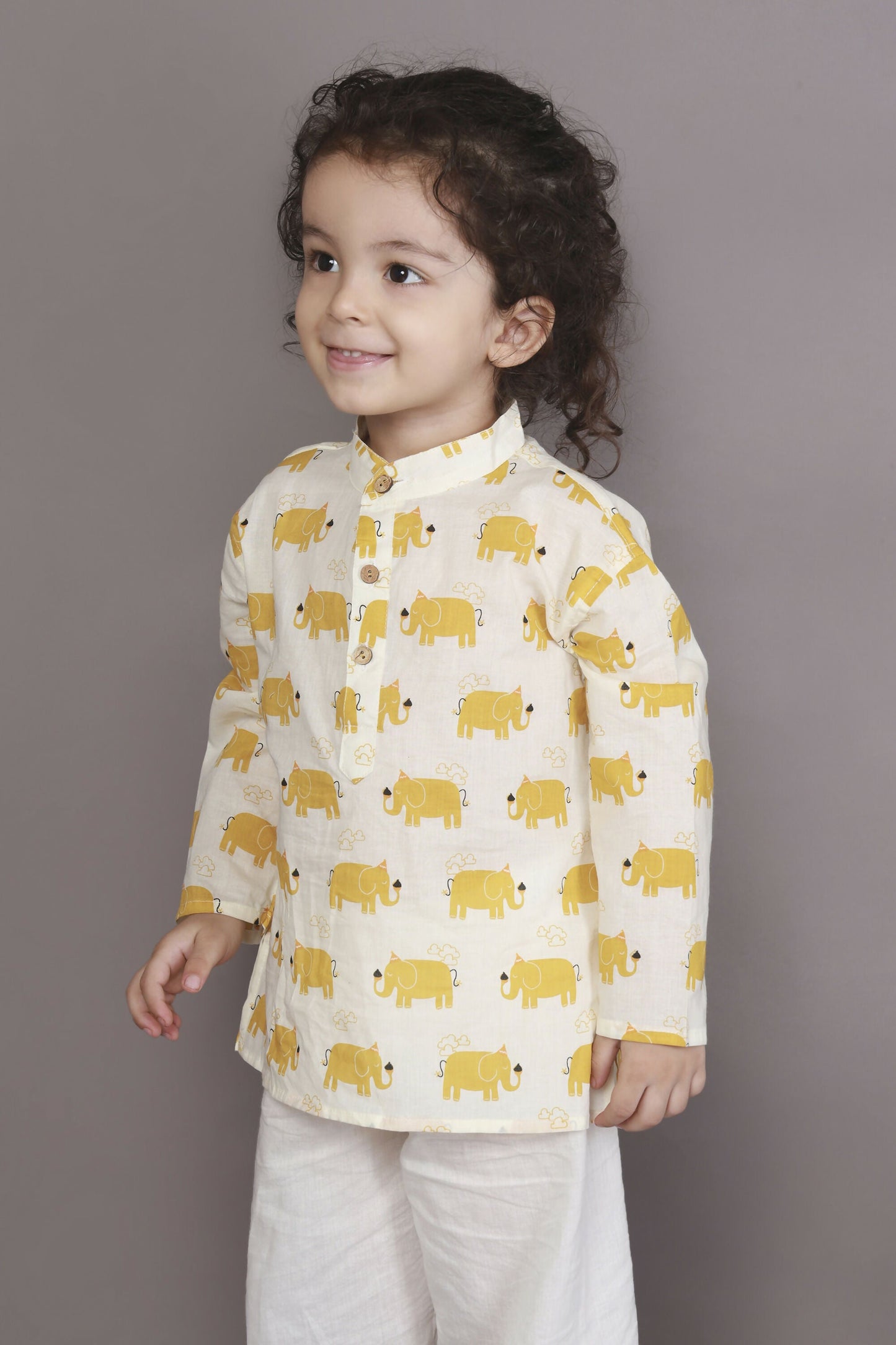 Breathables Kids Cotton Night Suit – Yellow Elephant Print Kurta & Pyjama Co-Ord Set For Boys & Girls