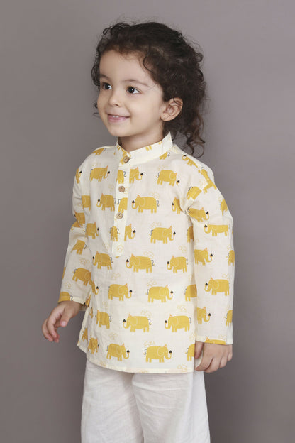 Breathables Kids Cotton Night Suit – Yellow Elephant Print Kurta & Pyjama Co-Ord Set For Boys & Girls