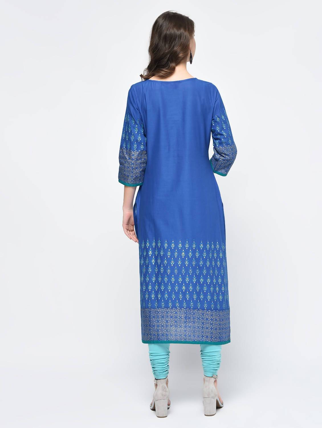 Indian Clothing Cheera Hand Block Print Royal Blue Color Straight Kurta