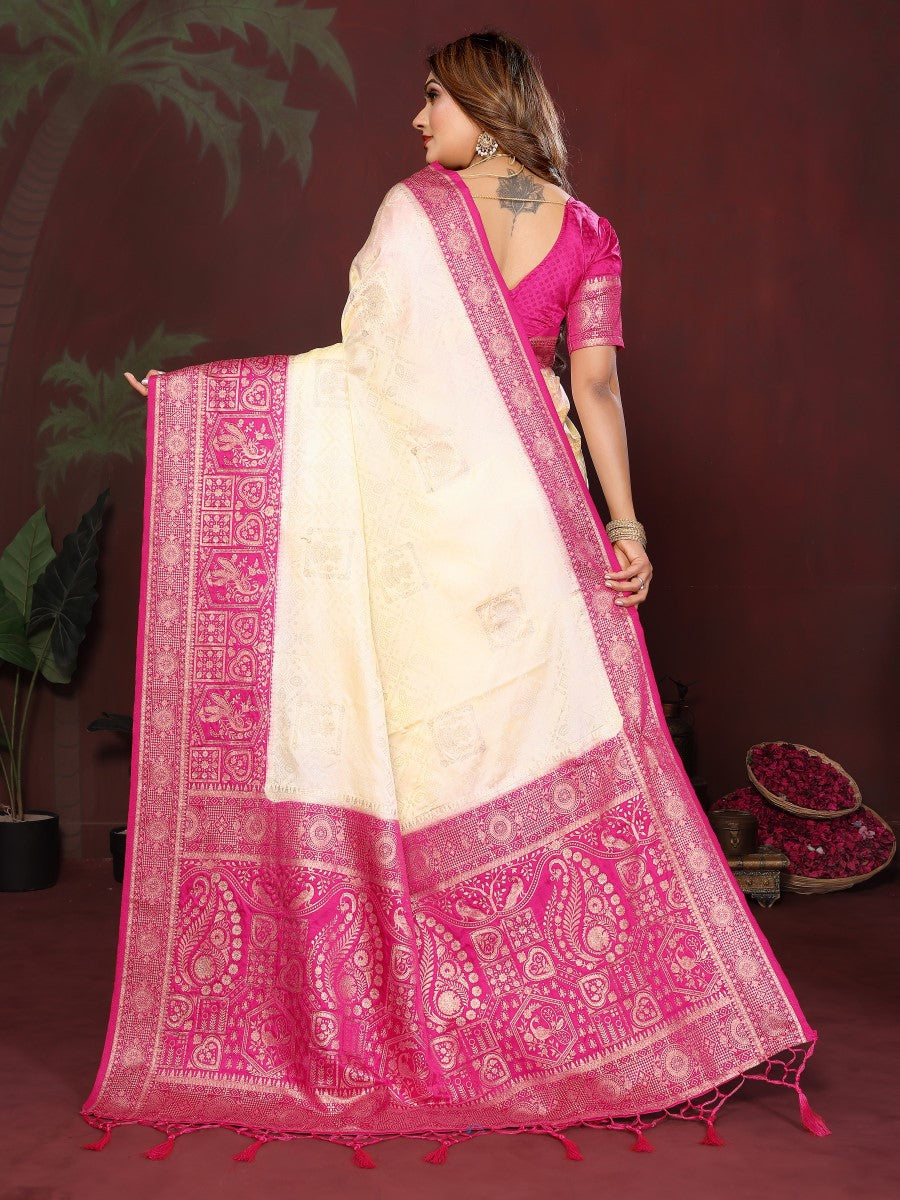 Anaita Off White Zari Butta Work Satin Silk Saree With Blouse