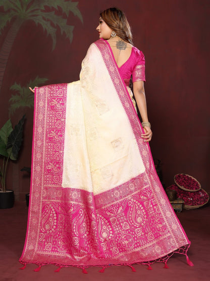 Anaita Off White Zari Butta Work Satin Silk Saree With Blouse