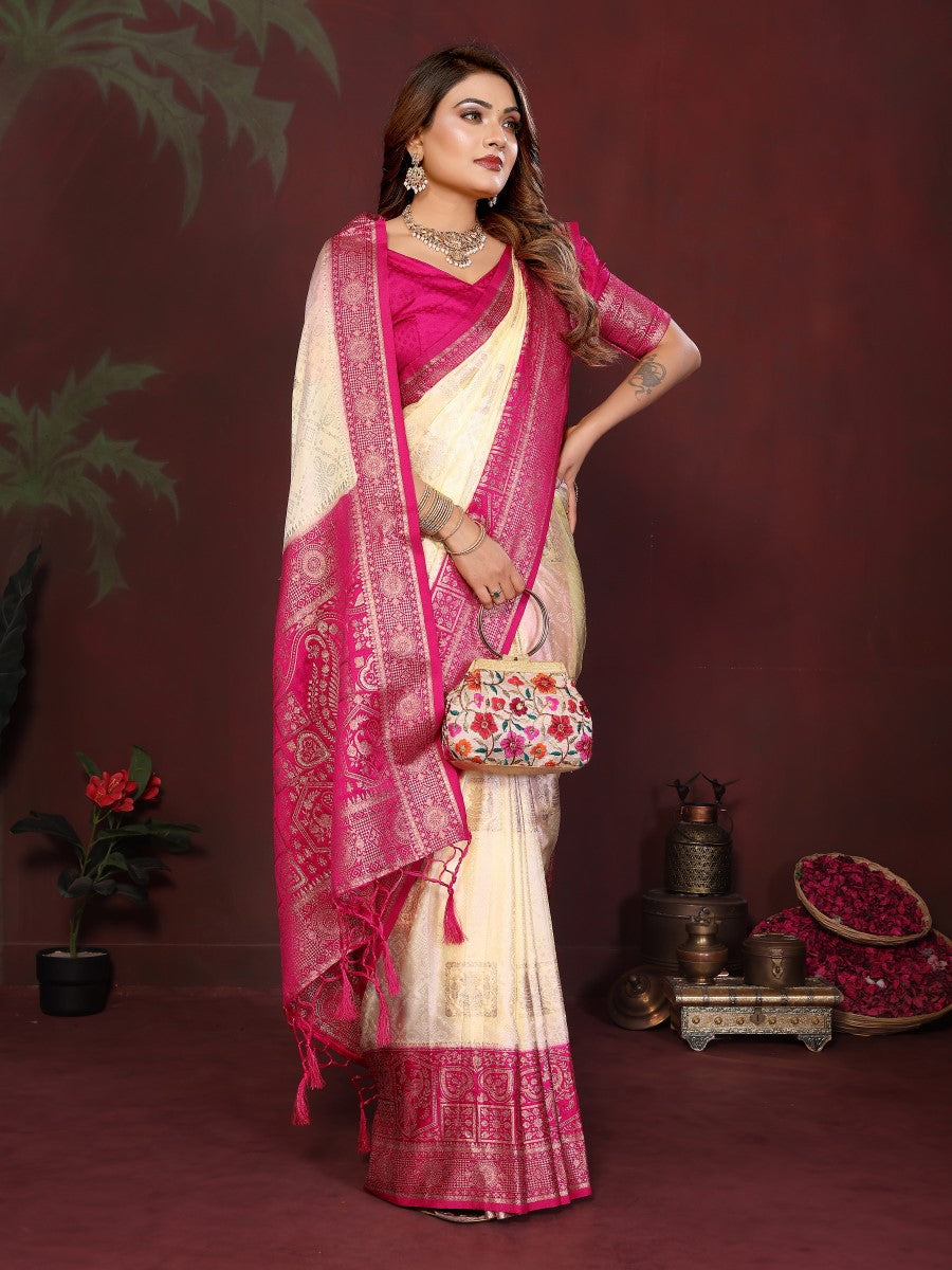 Anaita Off White Zari Butta Work Satin Silk Saree With Blouse