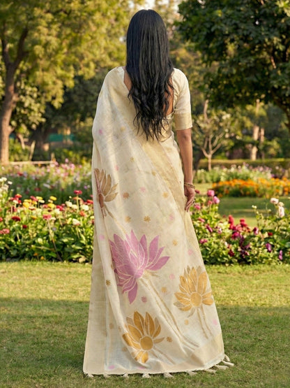 Anaita Off White Linen Saree With Blouse Piece