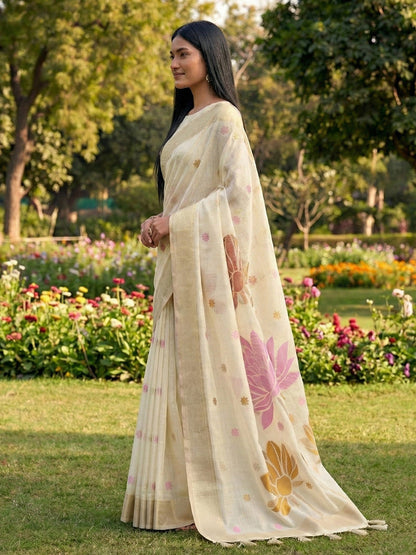 Anaita Off White Linen Saree With Blouse Piece