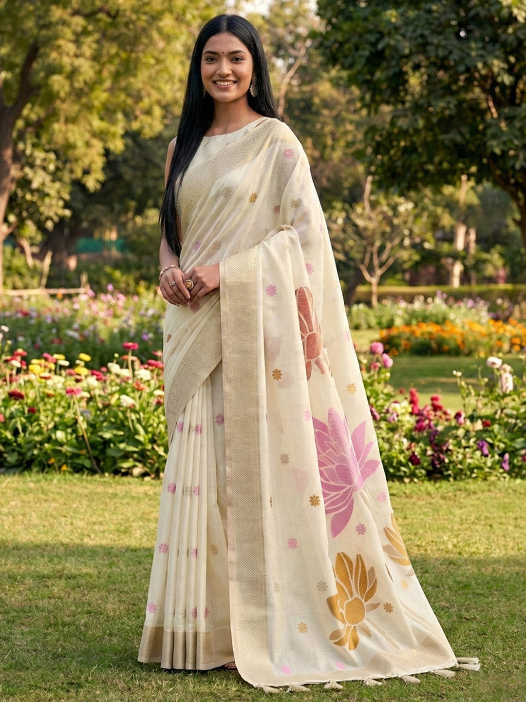 Anaita Off White Linen Saree With Blouse Piece