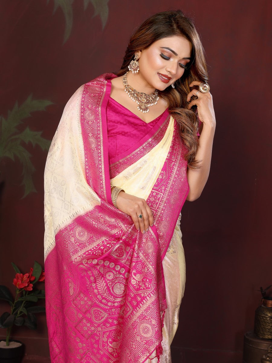 Anaita Off White Zari Butta Work Satin Silk Saree With Blouse