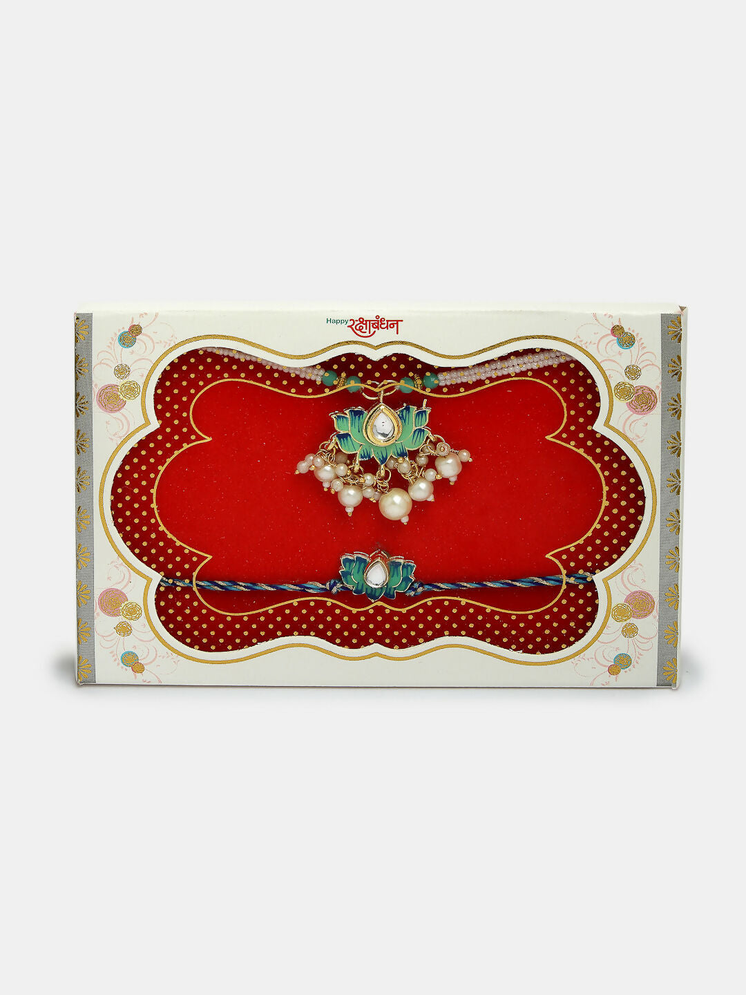 NVR Women & Men Set of 2 Turquoise Blue Lotus Shape Kundan-Studded & Beaded Rakhi Set With Roli Chawal & Chocolate