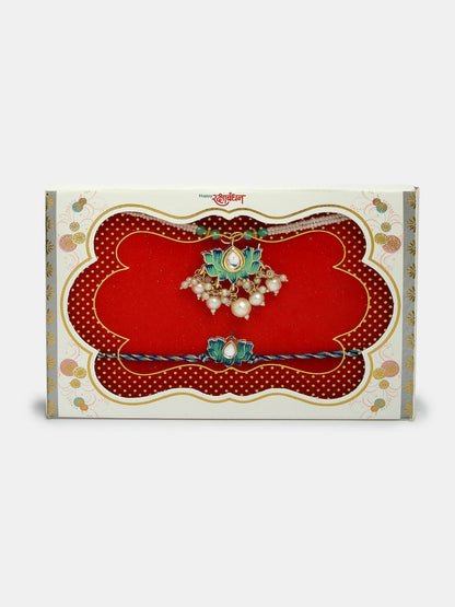NVR Women & Men Set of 2 Turquoise Blue Lotus Shape Kundan-Studded & Beaded Rakhi Set With Roli Chawal & Chocolate