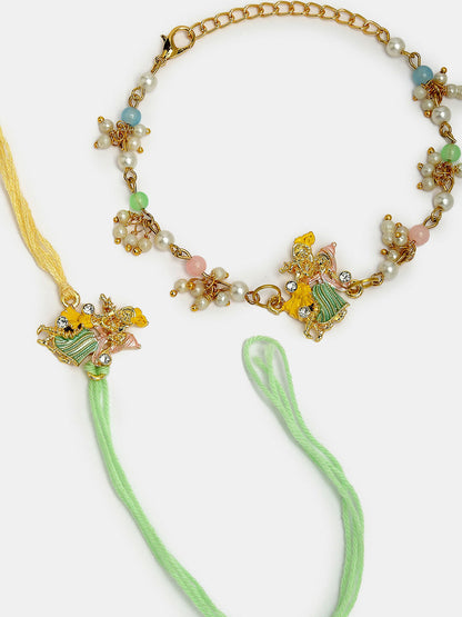 NVR Women & Men Set of 2 Multicolor Gold-Toned Radha Krishna Beaded Bhaiya Bhabhi Rakhi With Roli Chawal