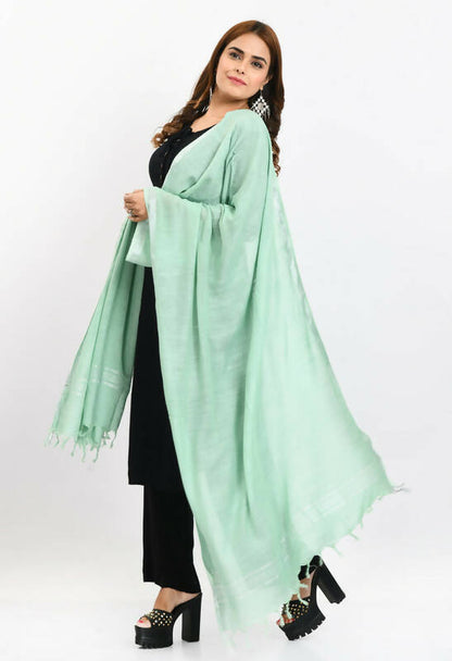 Mominos Fashion Moeza Women's Linen Cotton Silver Border Pista Green Dupatta