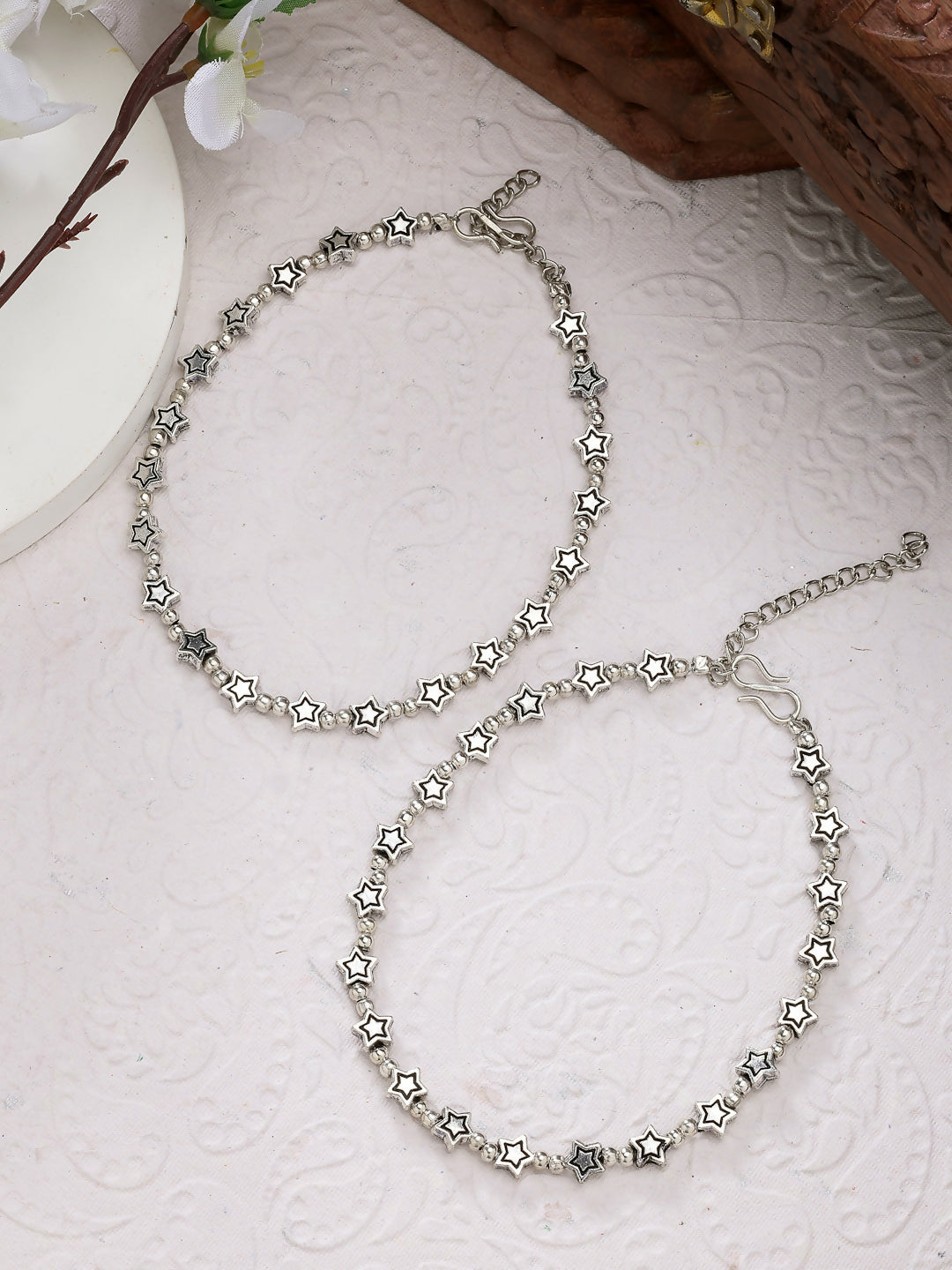 NVR Women's Set of 2 Silver-Plated Star Design Anklets